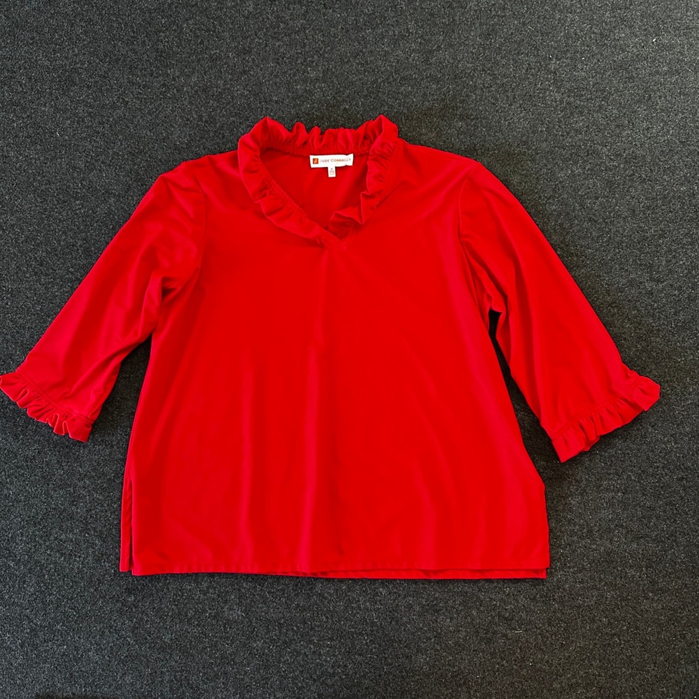 Jude Connally Red Ruffle Collar 3/4 Sleeve Knit Top Blouse Medium Made in USA
